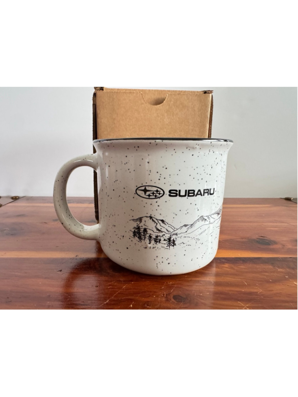 Subaru Campfire Mug White Speckled Ceramic Coffee Cup Mountain Scene